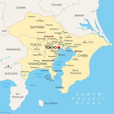 Tokyo Major Metropolitan Area, political map of the Capital Region of Japan, located on the island Honshu. The map shows Itto Sanken, consisting of the prefectures Tokyo, Chiba, Saitama and Kanagawa. clipart