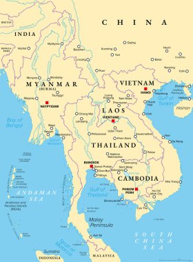 Anakara Güneydoğu Asya, eski Hindiçin 'in kuzey kısmı, siyasi harita. Tayland, Vietnam, Myanmar, Laos ve Kamboçya, sınırları, başkentleri ve en büyük şehirleri ve.