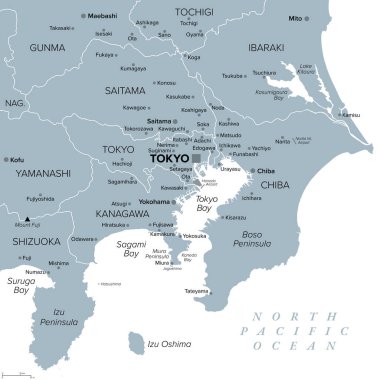 Tokyo Major Metropolitan Area, gray political map of the Capital Region of Japan, located on island Honshu. Map showing Itto Sanken, consisting of the prefectures Tokyo, Chiba, Saitama and Kanagawa. clipart