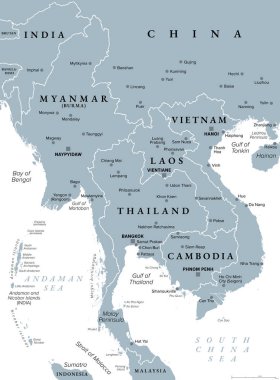 Anakara Güneydoğu Asya, eski Hindiçin 'in kuzey kısmı, gri politik harita. Tayland, Vietnam, Myanmar, Laos ve Kamboçya, sınırları, başkentleri ve en büyük şehirleriyle.