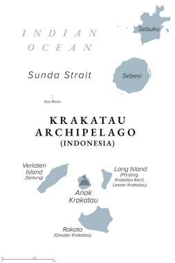 Endonezya 'nın Krakatau Takımadası, gri politik harita. Sunda Boğazı 'nda bulunan Krakatau stratovolcano tarafından oluşturulan dört ıssız küçük volkanik ada, Java ve Sumatra adaları arasında yer almaktadır..
