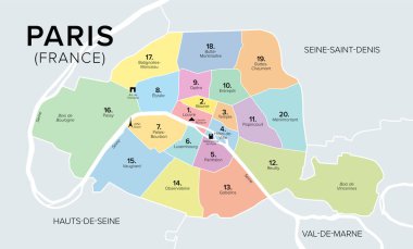 Paris 'in arrondissements, Fransa' nın başkenti, çok renkli politik harita. Paris 'in yirmi belediye arrondissements saat yönünde spiral, bir salyangoz kabuk gibi, şehrin ortasından başlayan.