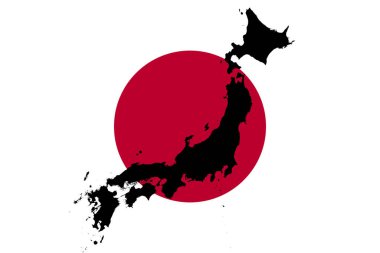 Japan, the country silhouette on the national flag, a crimson-red rising sun on white field. Island country Japan in East Asia, located in the Pacific Ocean, in front of the Japanese national flag. clipart