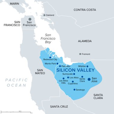 Silicon Valley, a region of Northern California in the United States, political map. Global center for high technology and innovation, located in the southern part of the San Francisco Bay Area. clipart