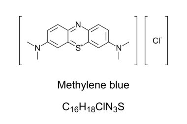 Methylene blue, methylthioninium chloride, chemical formula and molecular structure. A salt used as a dye and as a medication, mainly to reduce the ferric iron in hemoglobin to ferrous iron. Vector clipart