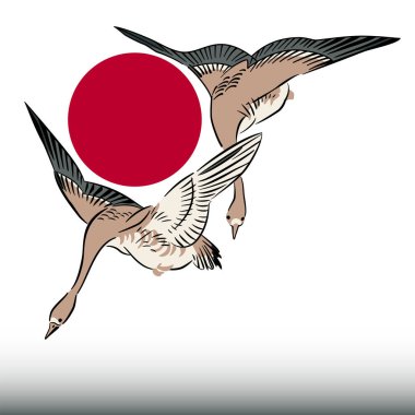 Two geese fly in front of a red rising sun, the symbol of the national flag of Japan. After a woodblock print detail of the Meiji era by Yoshitoshi. Illustration. Vector clipart