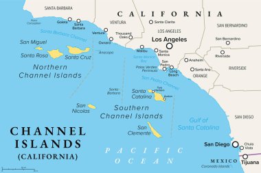 Kaliforniya 'nın Kanal Adaları, politik harita. Pasifik 'te sekiz ada takımadası, Los Angeles' ın güneybatısında, Santa Barbara, Ventura ve Los Angeles eyaletleri tarafından yönetiliyor..