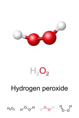 Hydrogen peroxide, H2O2, molecule model and chemical formula. Ball-and-stick model and geometric structure of peroxol, a pale blue liquid, used as an oxidizer, bleaching agent and antiseptic. Vector clipart