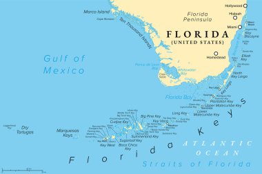 Florida Keys, Amerika Birleşik Devletleri, politik harita. Florida Yarımadası 'nın güney kıyısındaki mercan adaları Key West adalarının en batısına, Kuru Tortugas adalarına kadar uzanır..