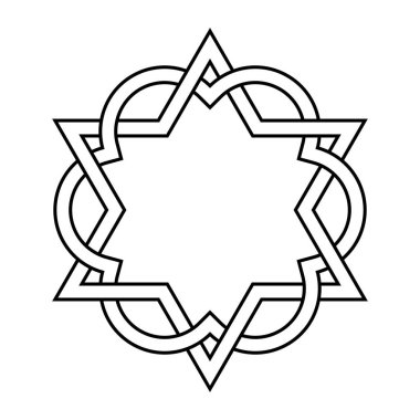 İç içe geçmiş altıgen ve altı folyo. Altı uçlu bir yıldız, altı uçlu bir mimari folyoyla iç içe geçmiş, üst üste binen altı halkadan oluşan grafik bir form. İzole edilmiş siyah beyaz iltihaplanma.