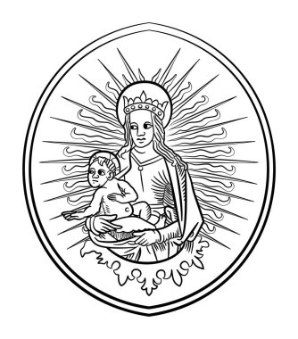 Virgin Mary holding Jesus Christ, the son of God, behind them divine rays of light, surrounded by a lens shaped frame, a reminiscent of a vesica piscis. Based on a French medieval woodcut from 1525. clipart