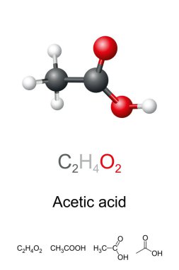 Asetik asit, etanoik asit, molekül modeli ve kimyasal yapı. Asitli, renksiz sıvı ve kimyasal formülü CH3COOH olan organik bileşik. Sirke en az yüzde 4 asetik asittir..