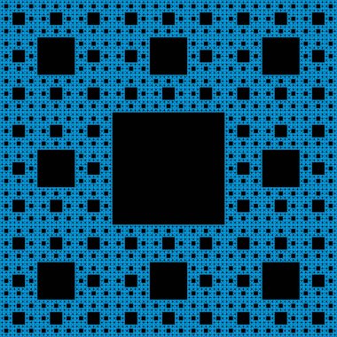Mavi Sierpinski halısı, uçak fraktalının 6. adımı. Kare, 3 'e 3 ızgaraya bölünür, merkezi altkare kaldırılır. Aynı prosedür geri kalan 8 alt kareye özyinelemeli olarak uygulanır, ad infinitum.