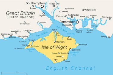 Isle of Wight and surroundings political map. Island, county and unitary authority in the English Channel across the Solent off the coast of Hampshire. Largest and 2nd-most populous island in England. clipart