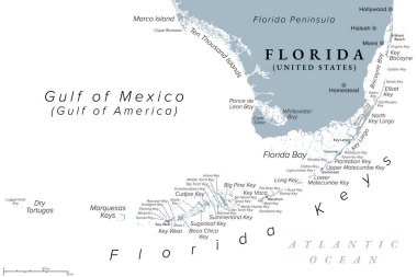 Florida Keys, Amerika Birleşik Devletleri, gri politik harita. Florida Yarımadası 'nın güney kıyısındaki mercan adaları Key West adalarının en batısına, Kuru Tortugas adalarına kadar uzanır..