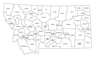 Montana eyaleti 56 ilçeye bölündü, ana hat haritası. Büyük Gök Ülkesi ve Hazine Devleti lakaplı Amerika Birleşik Devletleri 'nin batı bölgesindeki eyalet. Sınırlar ve ilçe isimleriyle harita.
