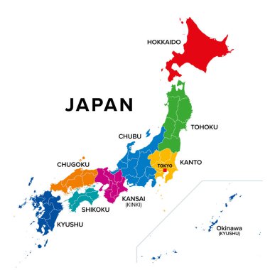 Japonya 'nın bölgeleri, Doğu Asya' nın ada ülkesi, renkli politik haritalar. İstatistikler için kullanılan geleneksel birimler. Hokkaido, Tohoku, Kanto, Chubu, Kansai veya Kinki, Chugoku, Shikoku ve Kyushu ile Okinawa.