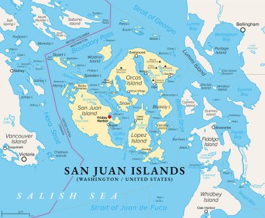 San Juan Adaları, Washington eyaletinin bir parçası, politik harita. Birleşik Devletler 'in Pasifik Kuzeybatısındaki takımada, Vancouver Adası' nın doğusunda, Salish Denizi 'nde, San Juan İlçesi' nin çekirdeğini oluşturuyor..