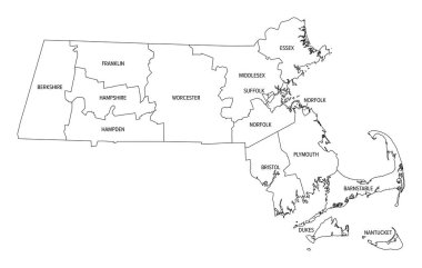 Massachusetts Eyaleti 14 ilçeye bölünmüş, ana hat haritası. Massachusetts Eyaleti, Amerika Birleşik Devletleri 'nin New England bölgesinde yer alan bir eyalettir. Vektör