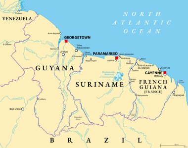 Guyana, Surinam, ve Fransız Guyanası, politik harita. Güney Amerika 'nın kuzey kıyısında iki ülke ve Fransa' nın deniz aşırı bir bölümü. Uluslararası tanınmış sınırlar ve tartışmalı alanlara sahip harita.