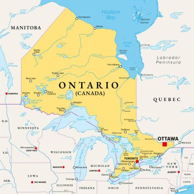 Ontario, Kanada 'nın en güney bölgesi, politik harita. Ülkenin en kalabalık eyaleti olan Orta Kanada 'nın başkenti Toronto ve ulusal başkenti Ottawa' da yer almaktadır. Vektör