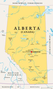 Alberta, Kanada eyaleti, sınırları, şehirleri, nehirleri ve gölleri olan politik harita. Batı Kanada 'nın bir kısmı ve başkent Edmonton ve en büyük şehir Calgary ile bozkır illerinden biri. Vektör