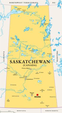 Saskatchewan, Batı Kanada vilayeti, sınırları olan politik harita, ve en büyük şehirler, nehirler ve göller. Başkent Regina ve Saskatoon 'un en büyük şehridir. Vektör