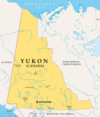 Yukon, Kanada 'nın en batı bölgesi, politik harita, başkent Whitehorse ve yedi belediye daha. Yukon, Beaufort Denizi, Alaska, British Columbia ve Kuzeybatı Toprakları ile sınır komşusudur..
