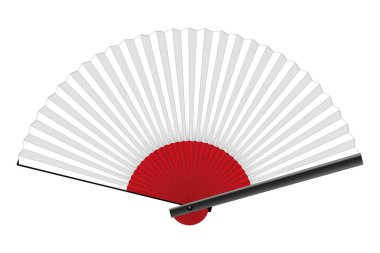 Japon katlanabilir el vantilatörü yükselen güneşi tasvir ediyor. Japonya 'nın ulusal bayrağını andıran dönen kırmızı bir güneşin sembolü olan beyaz el bilgisayarı fanı Sensu. İzole vektör.