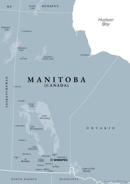 Manitoba, Kanada 'nın bir eyaleti. Sınırları, en büyük şehirleri ve gölleri olan gri bir politik harita. Winnipeg 'in başkenti ve en büyük şehri olduğu ülkenin en yüksek noktasında yer almaktadır. Vektör