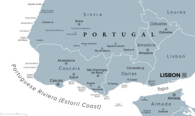 Portekiz Rivierası, Estoril Sahili, gri politik harita. Lizbon, Portekiz 'in batısında, Estoril, Oeiras ve Sintra da dahil olmak üzere Cascais' in kıyı belediyelerinin bulunduğu varlıklı kıyı bölgesi..