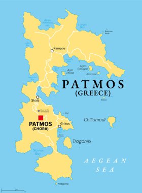 Patmos, Yunan adası, siyasi harita. Ege Denizi 'ndeki Yunanistan adası, Dodecanese' nin en kuzeyindeki ada. Burada Patmos 'lu John, Yeni Ahit' in Vahiy Kitabı 'nda bulunan imgelemleri aldı..