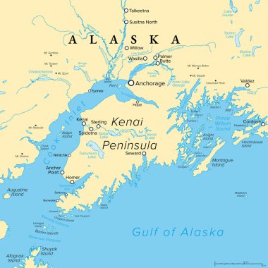 Anchorage ve Kenai Yarımadası, Alaska, politik harita. Alaska 'nın en kalabalık şehri Anchorage, ve güneyinde Kenai Yarımadası, Cook Inlet ve Prince William Sound arasında anakaradan ayrıldı..