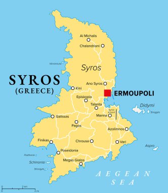Syros, Yunan adası, siyasi harita. Ege Denizi 'ndeki Kiklad adasına Siros veya Syra da denir. Sermaye ve büyük Ermoupoli kasabası Ermoupolis veya Hermoupolis olarak da bilinir, Hermes Kasabası..