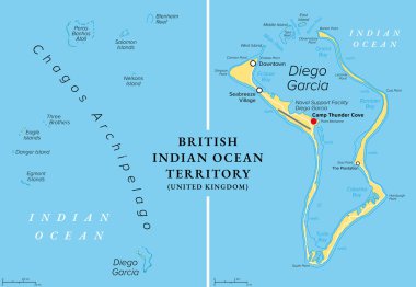 İngiliz Hint Okyanusu Bölgesi, BIOT, politik harita. Hindistan Okyanusu 'ndaki Chagos Takımadaları' nın en büyük adası Diego Garcia, Birleşik Krallık ve ABD 'nin müşterek askeri tesisi..