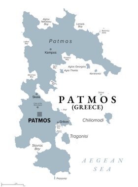 Patmos, Yunan adası, gri politik harita. Ege Denizi 'ndeki Yunanistan adası, Dodecanese' nin en kuzeyindeki ada. Burada Patmos 'lu John, Yeni Ahit' in Vahiy Kitabı 'nda bulunan imgelemleri aldı..