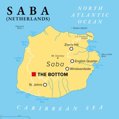 Saba, Karayip Hollanda adası, başkenti Bottom olan politik harita. Batı Hint Adaları 'nın kuzey Leeward Adaları' nda yer almaktadır. Büyük oranda hareketsiz volkan dağından oluşuyor. Manzara.