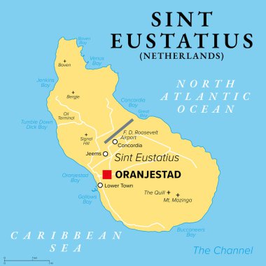 Sint Eustatius, Karayip Hollanda adası, başkent Oranjestad ile politik harita. Statia olarak biliniyor, kuzey Leeward Adaları 'nda. Pasif volkanla Quill ve Mazinga Dağı.