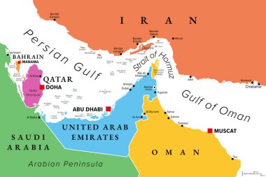 Hürmüz Boğazı çok renkli siyasi harita. Basra Körfezi ile Umman Körfezi arasındaki su yolu. Stratejik açıdan önemli bir boğulma noktası. Kuzeyde İran, güneyde ise BAE ve Umman Musandam..