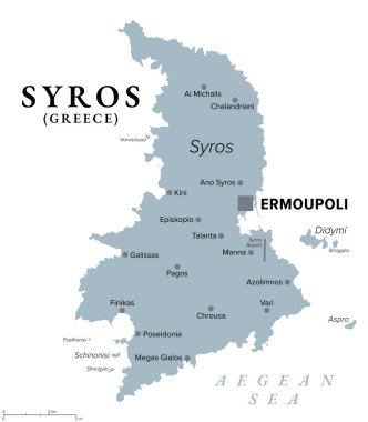 Syros, Yunan adası, gri politik harita. Ege Denizi 'ndeki Cyclades adasında, Siros ya da Syra olarak da bilinir. Başkenti ve en büyük kenti Ermoupoli, Ermoupolis veya Hermoupolis, Hermes Kasabası 'dır..