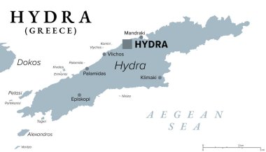 Hydra, Yunan adası, gri politik harita. Ege Denizi 'ndeki Yunanistan Saronik Adalarından biri. Ayrıca Ydra veya Idra, ve antik çağlarda Hydrea, Yunanca 'da su anlamına gelir, doğal kaynaklarına atıfta bulunarak..