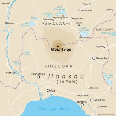 Fuji Dağı ve çevresi, politik harita. Fujisan, Japonya 'nın en yüksek dağı ve Japon adası Honshu' da bulunan aktif stratovolcano, Shizuoka ve Yamanashi illerinin sınırında yer alıyor..