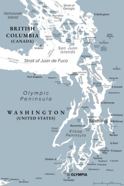 Puget Sound bölgesi, Amerika Birleşik Devletleri Washington eyaleti, gri politik harita. Pasifik 'in kuzeybatısındaki Puget Sound, havzaları ve ovaları dahil olmak üzere kıyı bölgesi Olimpiyat Yarımadası ve Şelale Dağları arasında..