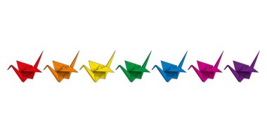 Gökkuşağı renkli origami turnaları, ayrıca tsuru veya orizuru olarak da bilinir. Geleneksel olarak katlanmış kağıttan yapılmış, dekorasyon, hediye ya da barış sembolü olarak kullanılan 7 adet çok renkli Japon origami turnası..