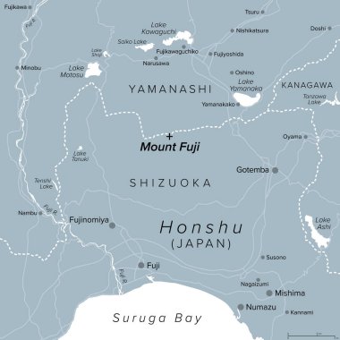 Fuji Dağı ve çevresi, gri politik harita. Fujisan, Japonya 'nın kutsal ve en yüksek dağı. Japon adası Honshu 'da Shizuoka ve Yamanashi' nin sınırında aktif bir stratovolcano bulunmaktadır..
