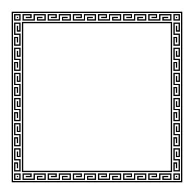 Kare şeklindeki kenar daha kıvrımlı. Açısal spirallerden yapılmış dekoratif kare çerçeve, dikdörtgen motif şeklinde, Yunan anahtarı olarak da bilinir. Beyazın üzerine izole edilmiş siyah beyaz çizim.