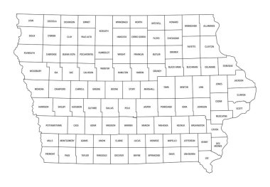 Iowa Eyaleti, 99 ilçeye bölünmüş, ana hat haritası. Amerika Birleşik Devletleri 'nin orta batı bölgesindeki Hawkeye Eyaleti lakaplı eyalet. İlçe isimleri ve sınırları olan bir harita. İzole illüstrasyon.
