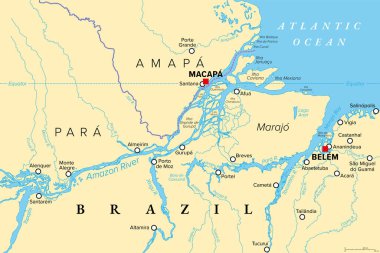 Amazon Delta, politik harita. Brezilya 'nın Amap ve Par eyaletlerinde yer alan ve Maraj Takımadasını kapsayan Amazon ve Tocantins Nehri' nin oluşturduğu nehir..