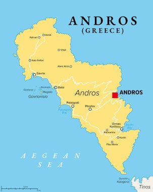 Andros, Yunan adası, politik harita. Ege Denizi 'ndeki Cyclades takımadalarının en kuzeydeki adası, Tinos' un kuzeyi. Aynı ismin başkenti ve en büyük kasaba Andros ile. İllüzyon. Vektör