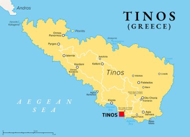 Tinos, Ege Denizi 'ndeki Yunan adası, siyasi harita. Cyclades takımadasının bir parçası, Andros 'un güneyinde. Yunan Ortodoks Hıristiyanları için büyük bir hac alanı. Başkenti ve en büyük kenti Tinos 'tur..